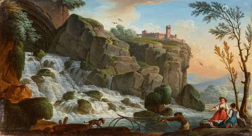 Charles François Lacroix de MarseilleLandscape with a Waterfall and AnglersOil on panel.. 21 x 38