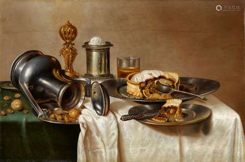 Cornelis MahuStill Life with a Pastry, Nuts, a Salt Dish, Pewter Plates, and a PitcherOil on panel..