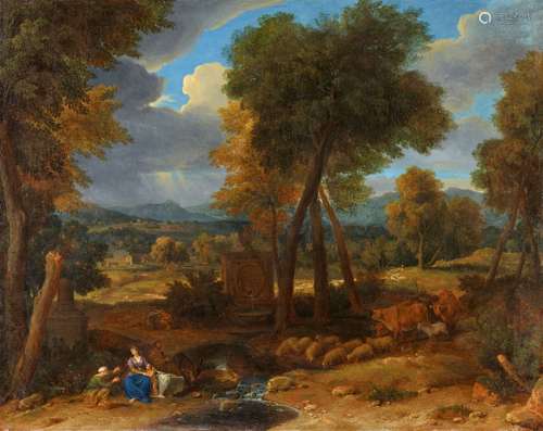 French school 17th centuryLandscape with the Rest on the Flight into EgyptOil on canvas (relined).