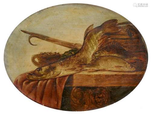 Pieter de PutterStill Life with Fish on a Wooden PlatterOil on panel.. 39 x 52 cm.Signed lower