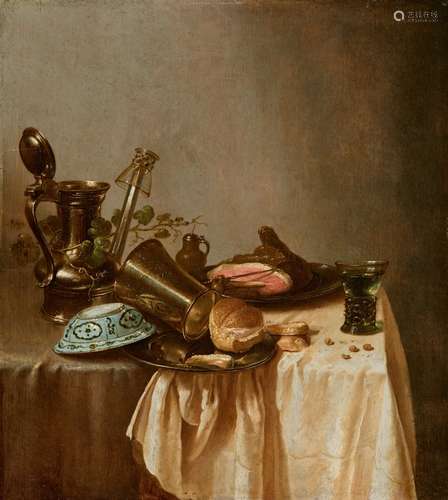 Adriaen Jansz. KraenBreakfast Still Life with Ham, Bread, a Wanli Dish, a Silver Pitcher, and