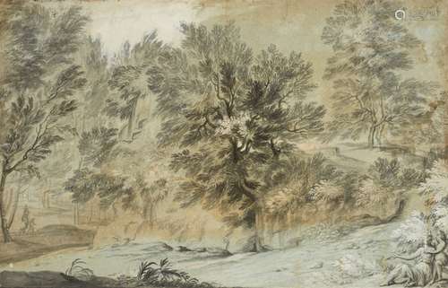 Isaac de MoucheronWooded Landscape with Diana and EndymionGrey ink and wash, highlighted in white on