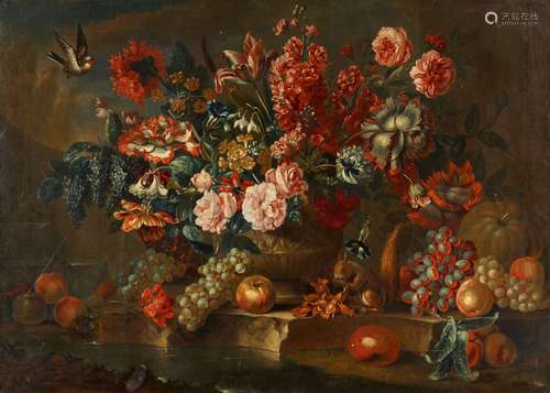 Pieter III CasteelsRoses, Poppies, and Sweet Peas in Vase on a Plinth with Grapes, Peaches, a