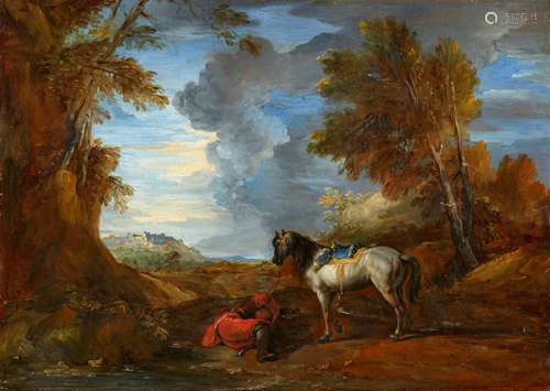 Charles ParrocelLandscape with a Sleeping Horseman and a Saddled White HorseOil on canvas (relined).