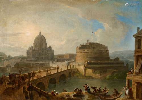 Probably french school 18th centuryView of the River Tiber with Saint Peter´s and the Ponte