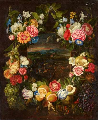 Jan Pauwel Gillemans the Younger, circle ofPanoramic River Landscape in a Garland of Fruit and