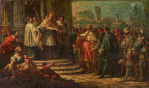 Venetian School 18th centuryAmbrosius forbidding Theodosius Entry into the TempleOil on canvas. 32 x