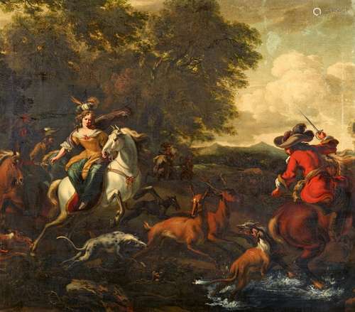 Nicolaes Berchem, copy afterLandscape with an Elegant Hunting PartyOil on canvas (relined). 109 x