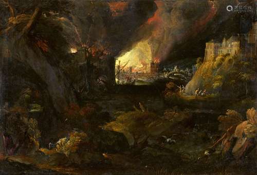 Monogramist HRA Landscape at Night with a burning CityOil on slate. 21.5 x 31.5 cm.Monogrammed and