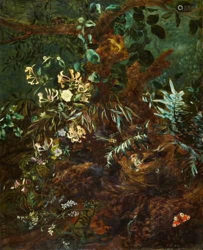 Isac VromansSous-bois Still Life with a Nest, Dragonfly, Butterfly, Lizard, and white AzaleasOil