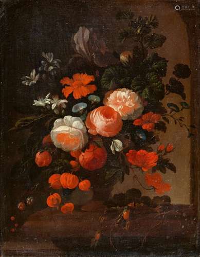 Elias van den BroeckFlower Still LifeOil on canvas (relined). 61 x 47.5 cm.Inscribed on the stone