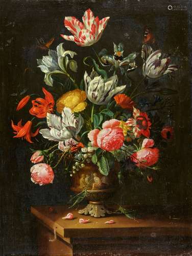 Jean-Baptiste MorelFlower Still Life with Roses, Tulips, a Lily, and a Caterpillar on a