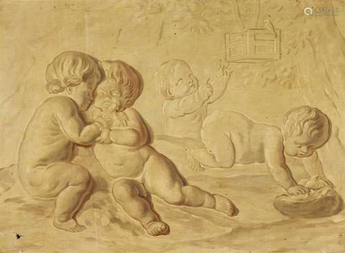 Jacob de Wit, follower ofTwo Grisaille Depictions of Putti at PlayOil on canvas. Each 60 x 81 cm..