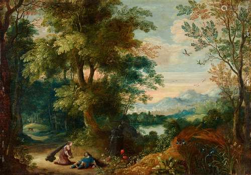 Flemish School 17th centuryLandscape with Pyramus and ThisbeOil on panel.. 24.5 x 35 cm..