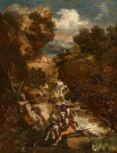 Antonio Maria MariniWooded Landscape with a Waterfall and SoldiersOil on canvas (relined). 62.5 x