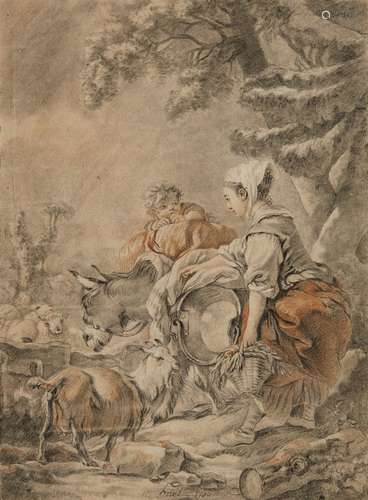 Nicolas Huet the elderShepherdess with Goats and a DonkeyBlack, red, and white chalk on paper.. 39 x