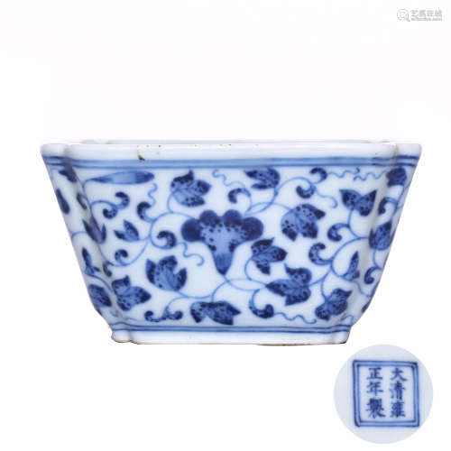 A Chinese Floral Blue and White Porcelain Square Cup