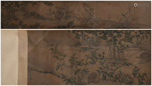 A Chinese flower and bird hand scroll, Zou Yigui amrk
