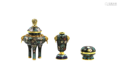 A set of Chinese cloisonne incense burner, vase and box