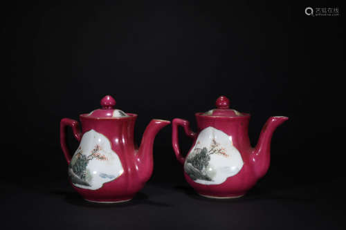 A Pair of Chinese carmine red Porcelain Pots