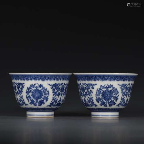 A Pair of Chinese Floral Blue and White Porcelain Cups