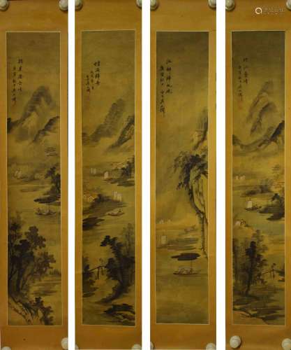 A Set Of Four Chinese Scroll Painting of Landscape, Wu Shixian Mark