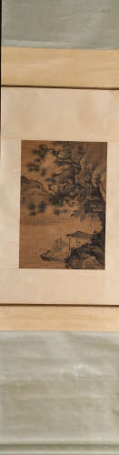A Chinese angling Painting Silk Scroll, Guo Xi MARK