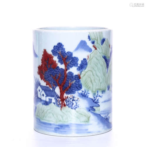 A Chinese Blue and White Underglazed Red Porcelain Brush Pot