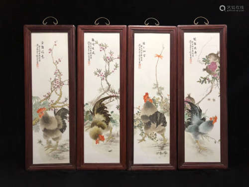 Chinese Famille Rose Porcelain Board Painting Hanging Screen,4pcs