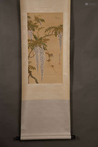 A Chinese wistaria Painting Silk Scroll, Lu Xiaoman Mark