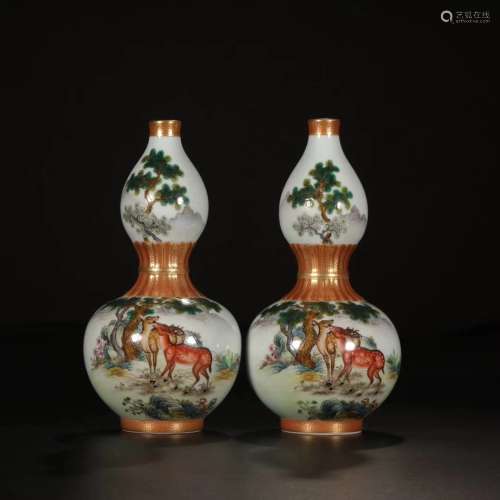 A Pair of Chinese Famille Rose Porcelain Gourd-shaped Vases