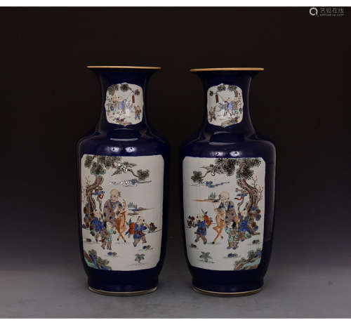 A Pair of Chinese Blue Glaze Famille Rose Porcelain Vases