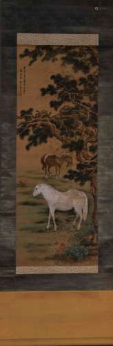 A Chinese Double Horses Painting Silk Scroll,Ma Jin Mark