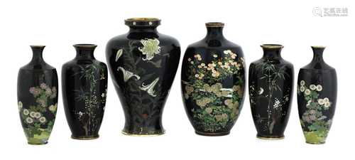 A collection of six Japanese cloisonné vases,