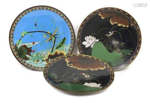 A collection of three Japanese cloisonné plates,