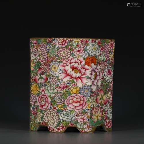 A Chinese Famille Rose Gilt Floral Porcelain Brush Pot