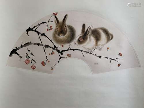 A Chinese Double Rabbits Painting Scroll, Fang Chuxiong Mark