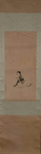 A Chinese Figure Painting Silk Scroll, Leng Mei Mark