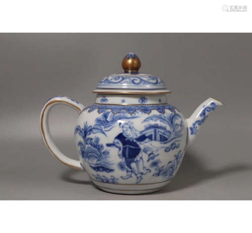 A Chinese figural Printing Blue and White Porcelain Teapot
