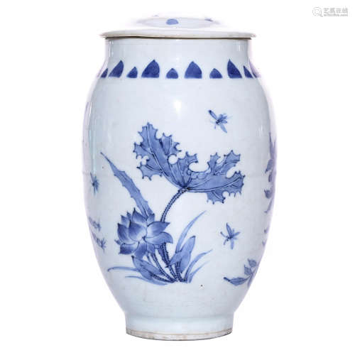 A Chinese Floral Blue and White Porcelain Jar