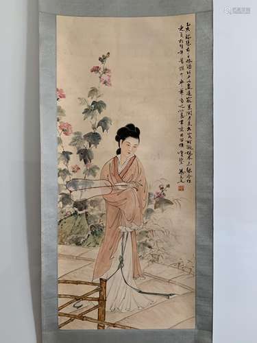 A Chinese Figure Painting Silk Scroll, Deng Fen Mark