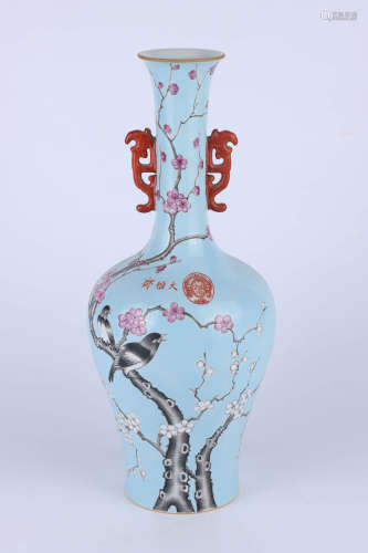 A Chinese turquoise glazed “birds and flowers” porcelain handled vase
