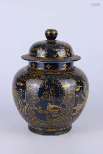 A Chinese Blue glazed gilt decorated porcelain jar with cover