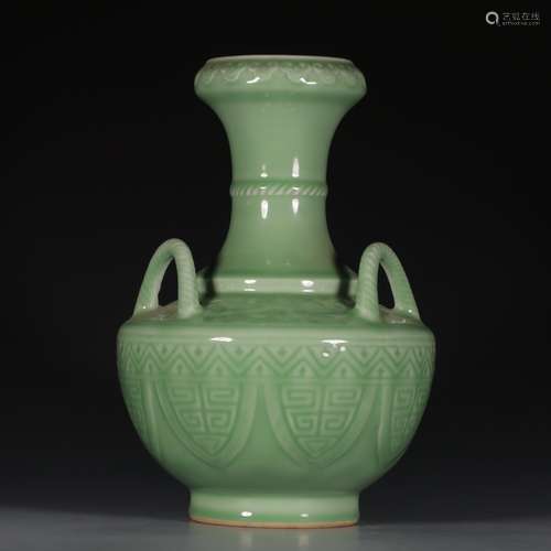 A Chinese Light Green Glaze Carved grain Porcelain Vase