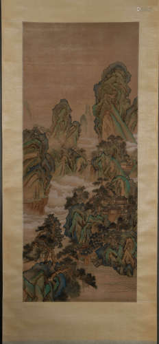 A Chinese Mountain and pavilion Paintng, Qiu Ying Mark