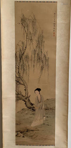 A Chinese Figure Painting Silk Scroll, Chen Shaomei Mark