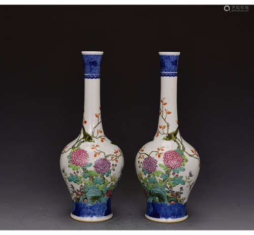 A Pair of Chinese Famille Rose Porcelain Bell-Shape Zun