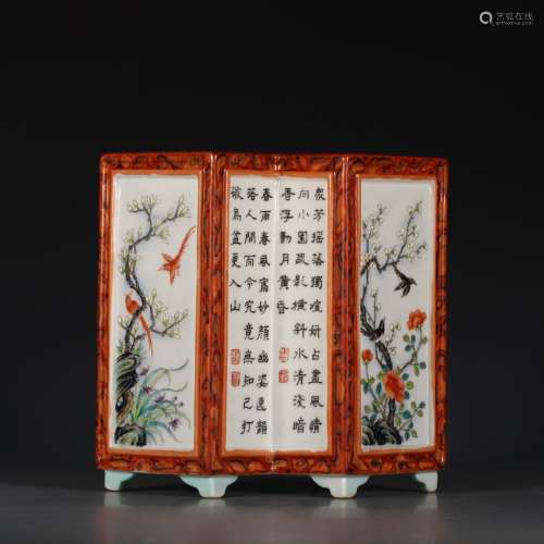 A Chinese Flower&Bird Pattern Inscribed Porcelain Brush Pot