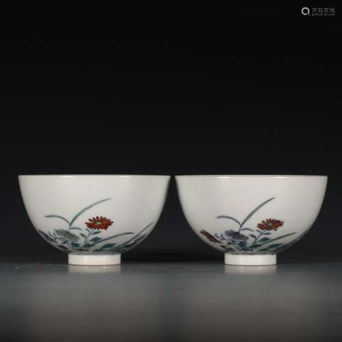 A Pair of Chinese Doucai Inscribed Floral Porcelain Cups