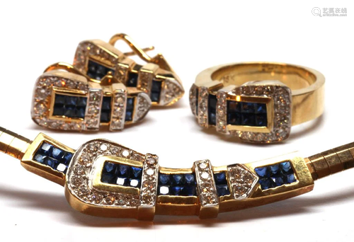 Sapphire, diamond, yellow gold jewelry suite